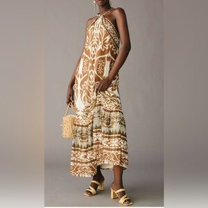 Anthropologie Vineet Bahl Printed Halter Maxi Dress Brown White Boho